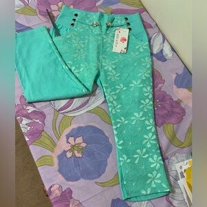 BodaFa Turquoise Lace Stretch Cropped Casual Pants With details in belt …